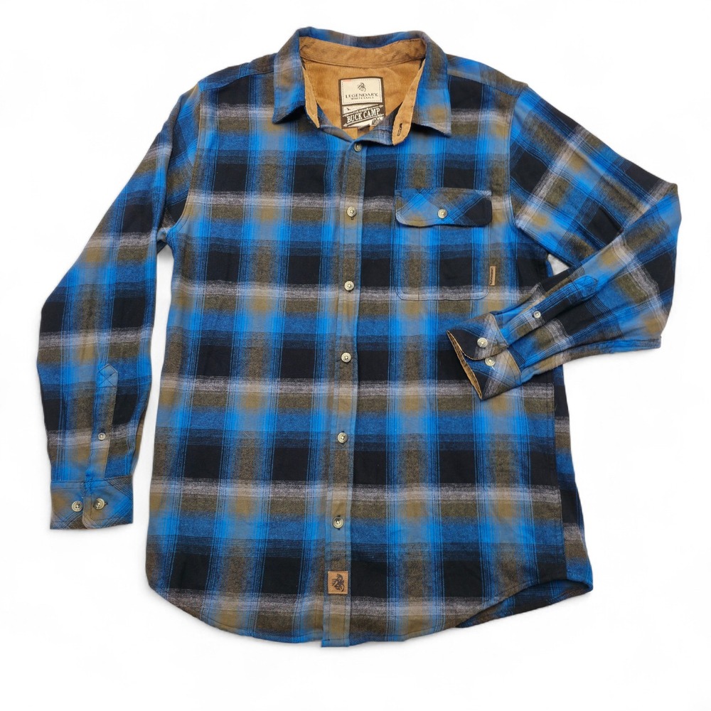 Legendary Whitetails Buck Camp Flannel Shirt Blue Plaid Corduroy Collar M Retro - Picture 1 of 10
